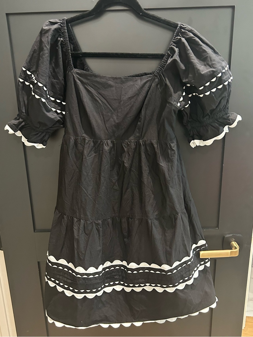 Black Puff-Sleeve Mini Dress with White Scallop Trim